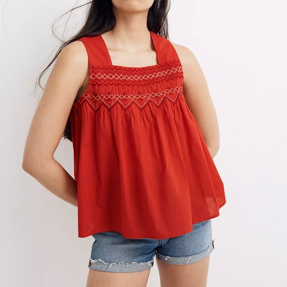 Madewell Tops - Madewell Red Embroidered Smocked Swing Tank Top XS